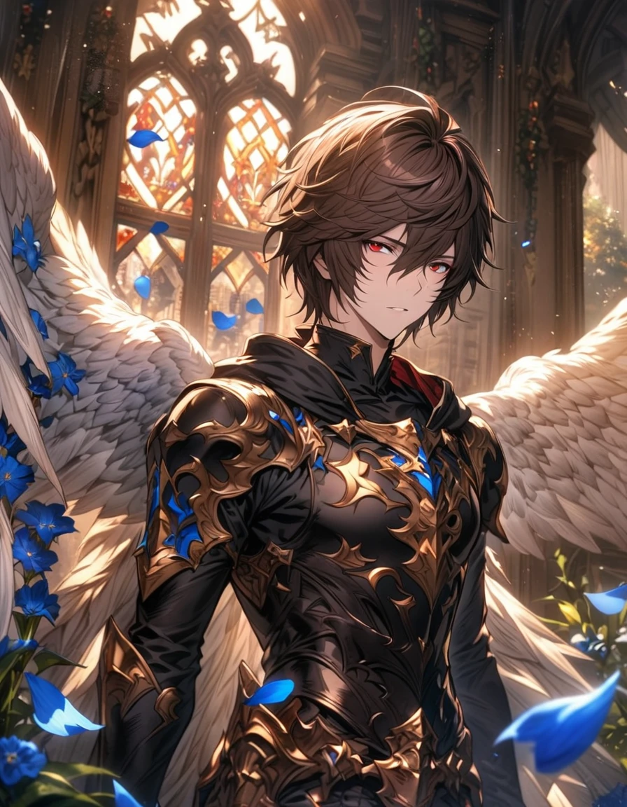 absurdres, highres, ultra detailed, HDR), masterpiece, Sandalphon, dark brown short hair, hair between the eyes, vibrant red eyes, 1man, handsome, granblue fantasy, window, blue flowers, blue petals, black clothes, angel wings
