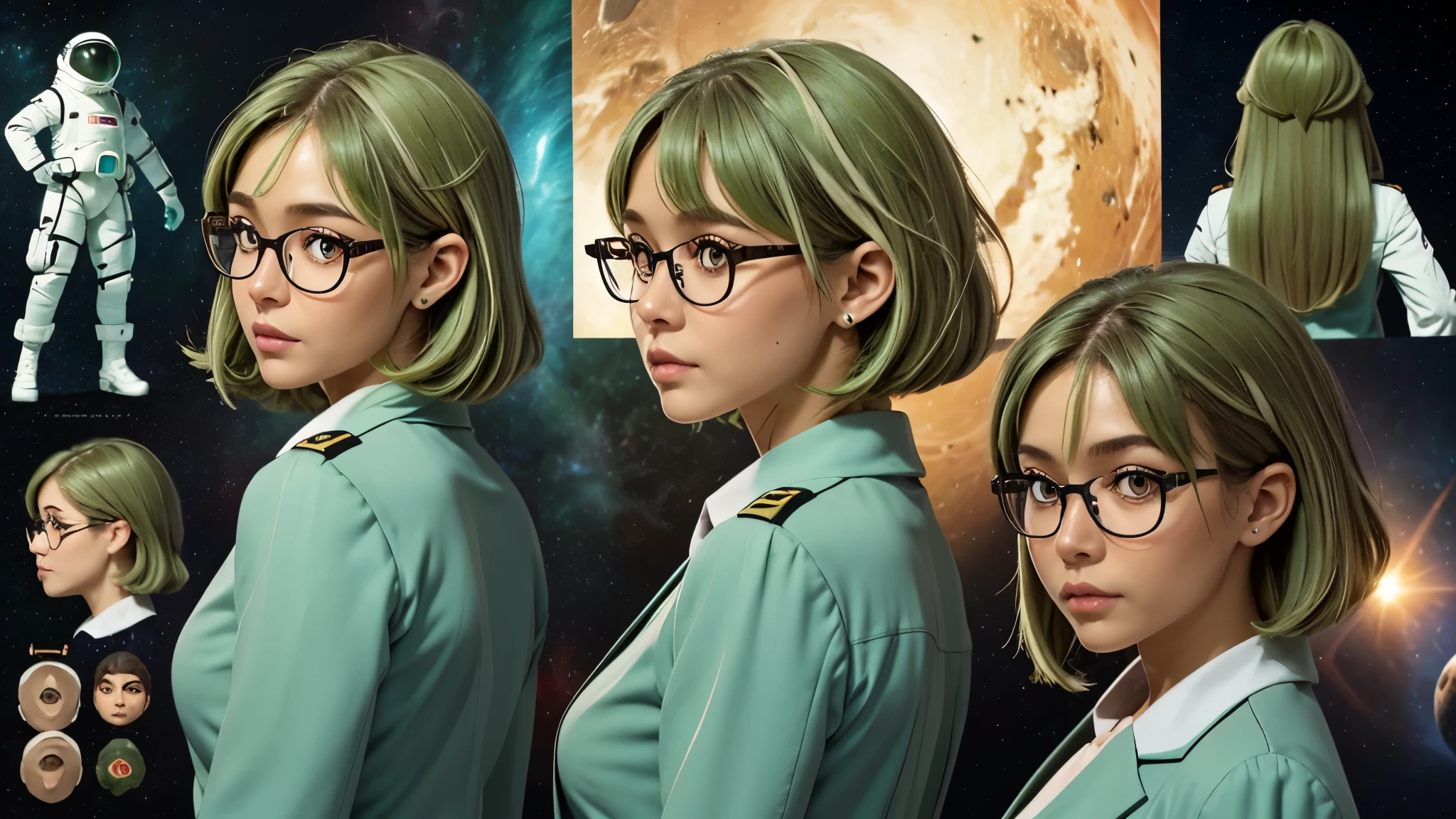 (Masterpiece, best quality), detailed, (1girl), ((character concept art)), ((character design sheet, same character, front, side, back)), many items, (sci-fi spaceship siencist uniform, space traveler, military cloth, many parts), (Green skin tone color:1.5) , (detailed red eyes, (reading glasses)), detailed face, different expressions, (athletic:1.3), red hair,  detailed long hair, formal style haircut, full of details.