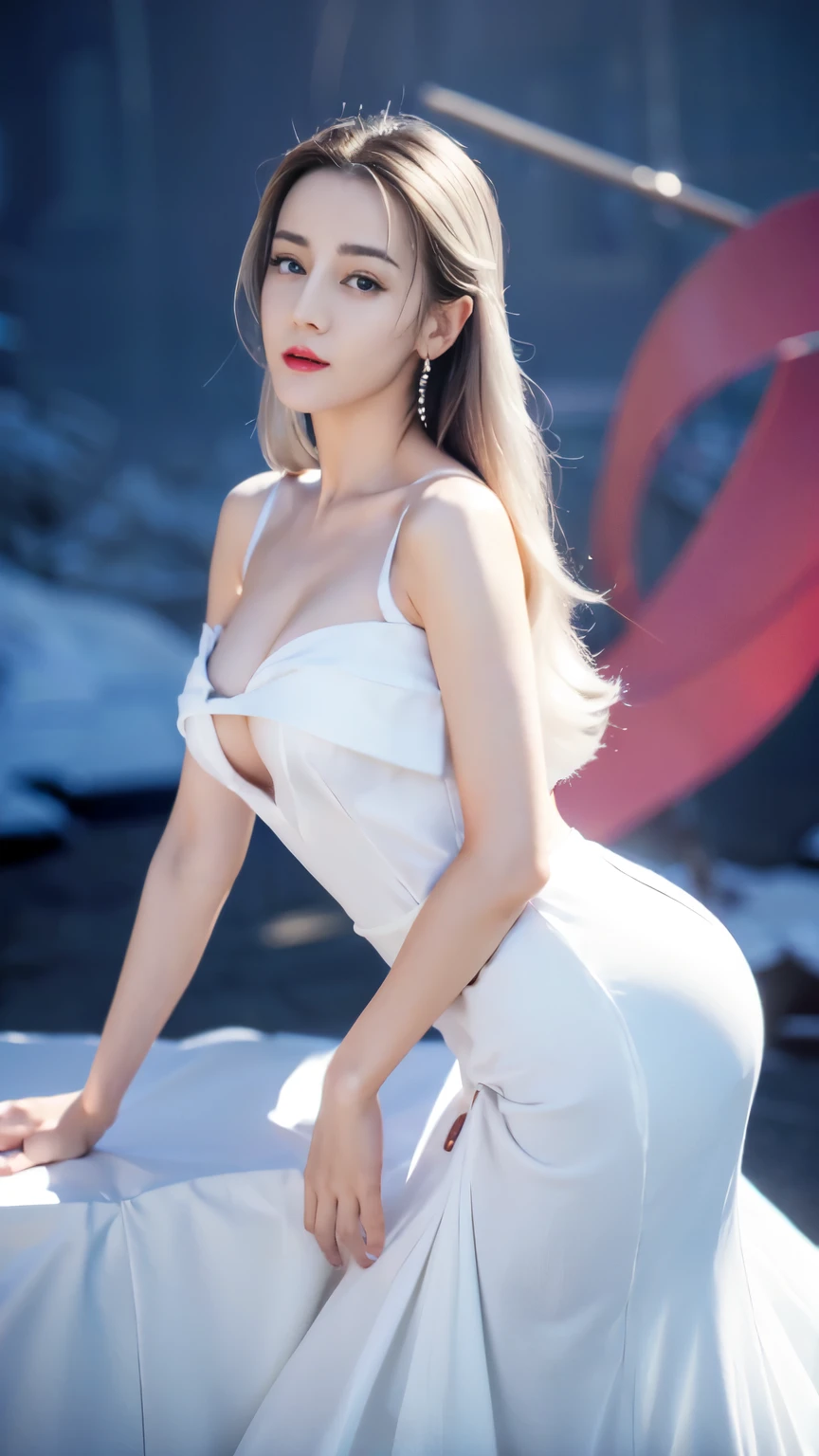 ((top quality、8K、Masterpiece:1.3))、Extremely delicate and beautiful girl,huge breasts,bigger breasts,amazing breast size,G cup,Sunset,Sunset,white snow。Wear big earrings,The skin is very white,moist red lips,Waist is very thin,Thighs are very thin,big ass,Reveal a little,fair and smooth skin,Smooth and fair skin,flawless skin,Fair and shiny skin,cold white skin,The camera focuses on the chest,bright light,White tube top dress,bare shoulders,white hair,The hair is gray,Bare back
