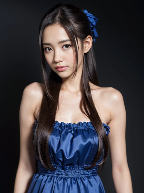 close up face,standing on stage,Blue colored long dress with lots of ruffles,One woman,masutepiece, The highest image quality, High quality, the background is clear,Beautiful woman, Japanese, Detailed, Detailed eyes, Detailed skin, Beautiful skin, 超hight resolution, (reality: 1.4),Very beautiful woman, Slightly younger face, Beautiful skin, slender, (Ultra photo realsisim), (hight resolution), (8K), (Very detailed) (beautifully detailed eyes), (super detailed), (Detailed face), view the viewer, Fine details, Detailed face, Staring straight ahead, Staring straight ahead, photos realistic, Bright lighting, Professional Lighting, Black hair,poneyTail,a ,fifteen ye is ponytail,long ponytail hairstyle,slight smile,neat and tidy clothing,Beautiful Japanese KPOP idol photo, hair style is ponytail, my eyes are double and wide, baby face, smile and look ahead, slender, small breasts,Blue ribbon on head,