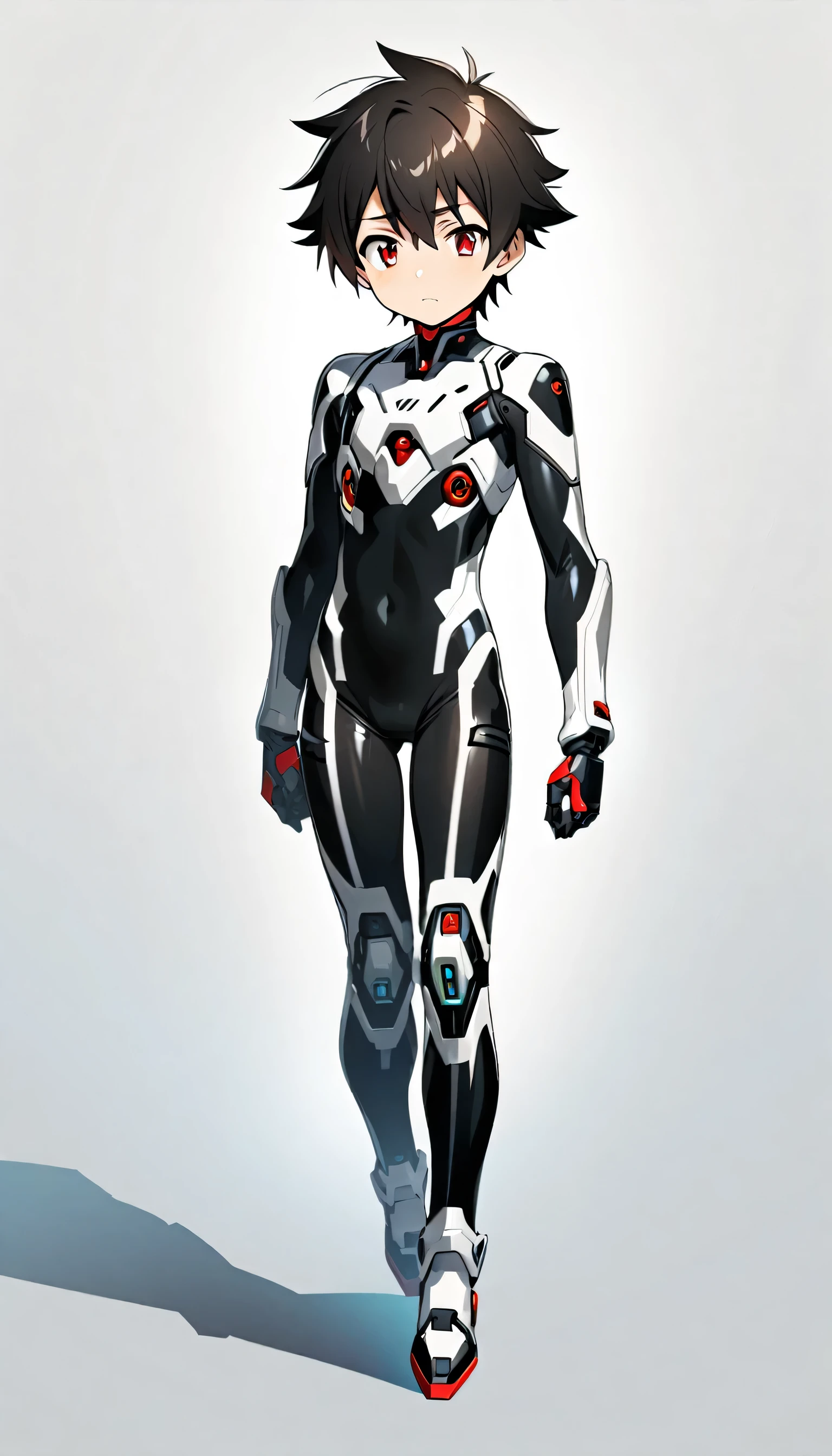 Full body image, anime android robot boy, 1boy, ((shota)), shiny, skintight (((black:1.0))) and ((white:0.5)) sci-fi bodysuit, short black hair, red eyes, neutral expression, (((plain white background:1.0)))