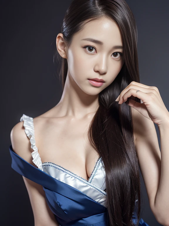 close up face,standing on stage,Blue colored long dress with lots of ruffles,One woman,masutepiece, The highest image quality, High quality, the background is clear,Beautiful woman, Japanese, Detailed, Detailed eyes, Detailed skin, Beautiful skin, 超hight resolution, (reality: 1.4),Very beautiful woman, Slightly younger face, Beautiful skin, slender, (Ultra photo realsisim), (hight resolution), (8K), (Very detailed) (beautifully detailed eyes), (super detailed), (Detailed face), view the viewer, Fine details, Detailed face, Staring straight ahead, Staring straight ahead, photos realistic, Bright lighting, Professional Lighting, Black hair,poneyTail,a baby face,fifteen years old,Hairstyle is ponytail,long ponytail hairstyle,slight smile,neat and tidy clothing,Beautiful Japanese KPOP idol photo, hair style is ponytail, my eyes are double and wide, baby face, smile and look straight ahead, slender, small breasts,Blue ribbon on head,