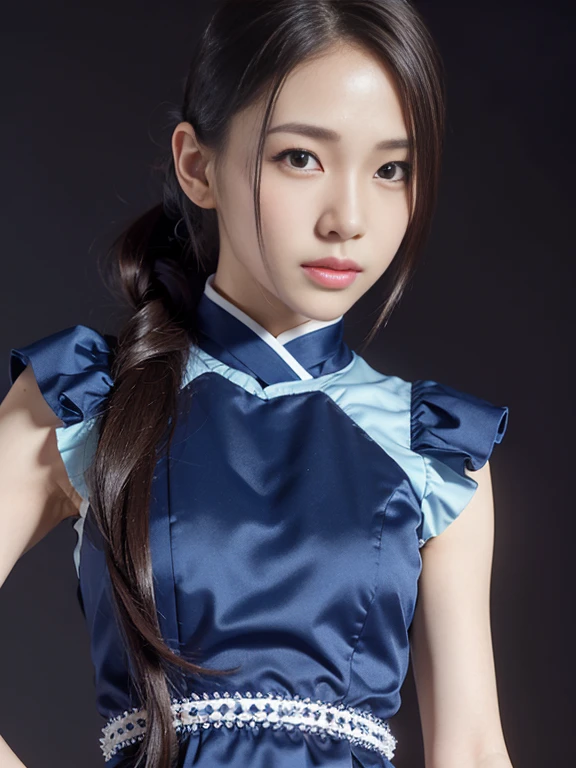 close up face,standing on stage,Blue colored long dress with lots of ruffles,One woman,masutepiece, The highest image quality, High quality, the background is clear,Beautiful woman, Japanese, Detailed, Detailed eyes, Detailed skin, Beautiful skin, 超hight resolution, (reality: 1.4),Very beautiful woman, Slightly younger face, Beautiful skin, slender, (Ultra photo realsisim), (hight resolution), (8K), (Very detailed) (beautifully detailed eyes), (super detailed), (Detailed face), view the viewer, Fine details, Detailed face, Staring straight ahead, Staring straight ahead, photos realistic, Bright lighting, Professional Lighting, Black hair,poneyTail,a baby face,fifteen years old,Hairstyle is ponytail,long ponytail hairstyle,slight smile,neat and tidy clothing,Beautiful Japanese KPOP idol photo, hair style is ponytail, my eyes are double and wide, baby face, smile and look straight ahead, slender, small breasts,Blue ribbon on head,