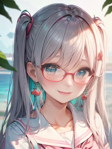 小さなgirl、Glasses、The arrival of spring、big ass、 (alone:1.5,)Super detailed,bright colors, very beautiful detailed anime face and eyes, look straight, ;d, shiny_skin,girl, ((long silver hair,The inner color is red 、forehead is exposed.、long hair、shiny hair, delicate beautiful face, blush、(turquoise eyes), White skin, Valletta, earrings,、coral reef、combine、(((pink school uniform)))、twin tails、smile、smile、Face dyed red、upper body up、Face shot