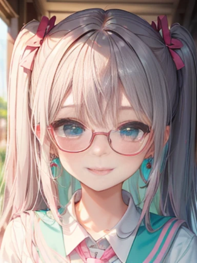 小さなgirl、Glasses、The arrival of spring、big ass、 (alone:1.5,)Super detailed,bright colors, very beautiful detailed anime face and eyes, look straight, ;d, shiny_skin,girl, ((long silver hair,The inner color is red 、forehead is exposed.、long hair、shiny hair, delicate beautiful face, blush、(turquoise eyes), White skin, Valletta, earrings,、coral reef、combine、(((pink school uniform)))、twin tails、smile、smile、Face dyed red、upper body up、Face shot