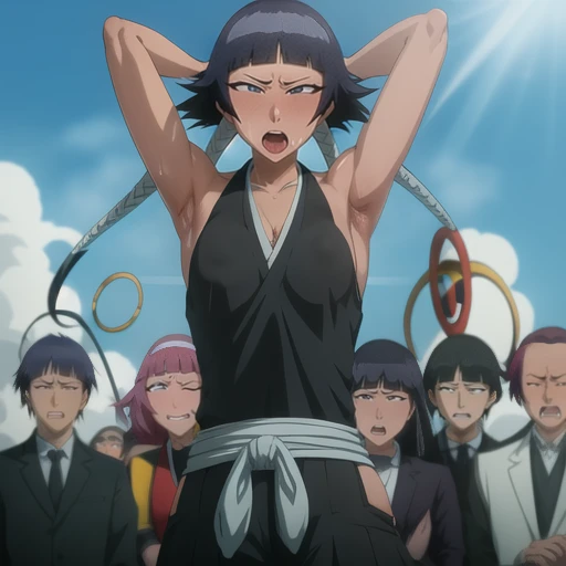 ( Animation screenshots:1.1),outdoor, Nipples exposed, 1 woman, alone, black hair, side breasts,eternal, short hair with long locks, japanese clothing, - Hip vents, no underwear,short hair, small breasts, (white eyes:1.1),No eyeballs, Also available in black, no headgear,low double braids,facing the audience, looking at the audience, tired, from below, (露armpit:1.1), ((armpit:1.2)), Sexy, Sweat dripping, More and more sweat,(ahegao), (Roll your eyes), naughty face, blush, open mouth, Sticking out tongue, saliva, Slobber,Runny nose,skinny, raise arms, (arms above head:1.5)