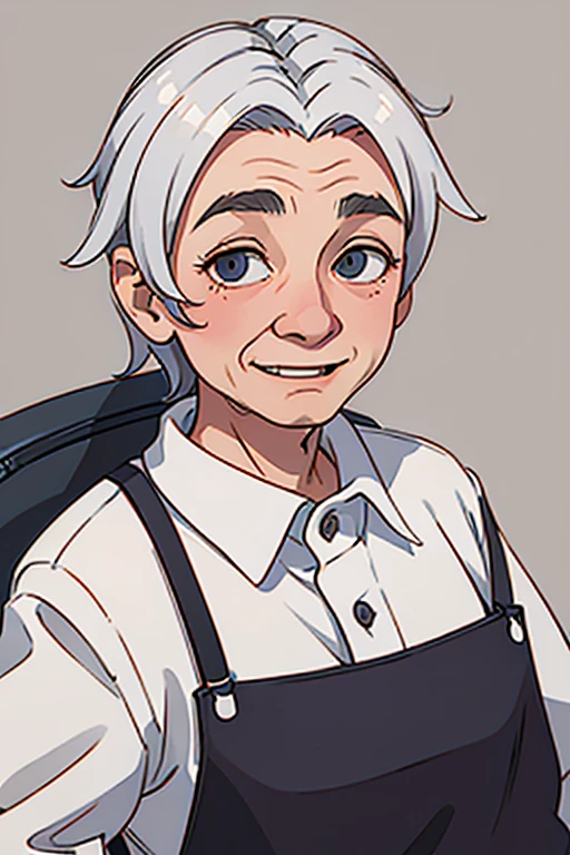 A scene where an 80-year-old man with wrinkled face recalls with a smile。The expression is calm and warm。