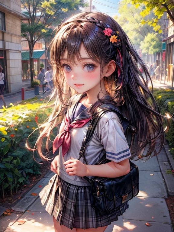 masterpiece:1.2, highest quality:1.2, 8k, CG, photorealistic:1.37, delicate detailed:1.8 (eyes, pupils, lips, face, hair, hand, skin), soft touch illustration, braid, little cute girl (chibi:1.1), A girl wearing a sailor tops and a plaid mini skirt and thighhigh. The girl has beautiful detailed eyes and lips, and a long eyelashes. The scene is set in a garden, with vibrant colors and sharp focus. The artwork is of the highest quality, with ultra-detailed elements and a realistic style. The lighting is soft and natural, enhancing the overall atmosphere, walking to school, colorful backpack, cheerful expressions, morning sunshine, busy city streets, , morning rush, friends chatting, bustling crowd, tall buildings, crossing the road, street vendors, honking cars, bike lanes, green trees, book in hand, happy memories, laughter, fresh air, school gate, anticipation, learning journey, busy classrooms, knowledge, growth