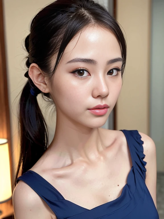 close up face,standing on stage,Blue colored long dress with lots of ruffles,One woman,masutepiece, The highest image quality, High quality, the background is clear,Beautiful woman, Japanese, Detailed, Detailed eyes, Detailed skin, Beautiful skin, 超hight resolution, (reality: 1.4),Very beautiful woman, Slightly younger face, Beautiful skin, slender, (Ultra photo realsisim), (hight resolution), (8K), (Very detailed) (beautifully detailed eyes), (super detailed), (Detailed face), view the viewer, Fine details, Detailed face, Staring straight ahead, Staring straight ahead, photos realistic, Bright lighting, Professional Lighting, Black hair,poneyTail,a baby face,fifteen years old,Hairstyle is ponytail,long ponytail hairstyle,slight smile,neat and tidy clothing,Beautiful Japanese KPOP idol photo, hair style is ponytail, my eyes are double and wide, baby face, smile and look straight ahead, slender, small breasts,Blue ribbon on head,