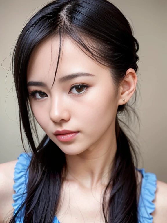 close up face,standing on stage,Blue colored long dress with lots of ruffles,One woman,masutepiece, The highest image quality, High quality, the background is clear,Beautiful woman, Japanese, Detailed, Detailed eyes, Detailed skin, Beautiful skin, 超hight resolution, (reality: 1.4),Very beautiful woman, Slightly younger face, Beautiful skin, slender, (Ultra photo realsisim), (hight resolution), (8K), (Very detailed) (beautifully detailed eyes), (super detailed), (Detailed face), view the viewer, Fine details, Detailed face, Staring straight ahead, Staring straight ahead, photos realistic, Bright lighting, Professional Lighting, Black hair,poneyTail,a baby face,fifteen years old,Hairstyle is ponytail,long ponytail hairstyle,slight smile,neat and tidy clothing,Beautiful Japanese KPOP idol photo, hair style is ponytail, my eyes are double and wide, baby face, smile and look straight ahead, slender, small breasts,Blue ribbon on head,