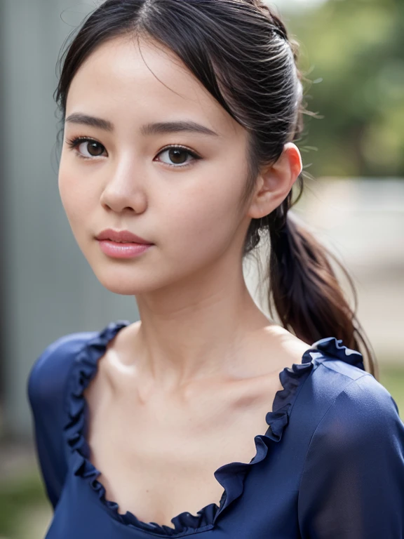 close up face,standing on stage,Blue colored long dress with lots of ruffles,One woman,masutepiece, The highest image quality, High quality, the background is clear,Beautiful woman, Japanese, Detailed, Detailed eyes, Detailed skin, Beautiful skin, 超hight resolution, (reality: 1.4),Very beautiful woman, Slightly younger face, Beautiful skin, slender, (Ultra photo realsisim), (hight resolution), (8K), (Very detailed) (beautifully detailed eyes), (super detailed), (Detailed face), view the viewer, Fine details, Detailed face, Staring straight ahead, Staring straight ahead, photos realistic, Bright lighting, Professional Lighting, Black hair,poneyTail,a baby face,fifteen years old,Hairstyle is ponytail,long ponytail hairstyle,slight smile,neat and tidy clothing,Beautiful Japanese KPOP idol photo, hair style is ponytail, my eyes are double and wide, baby face, smile and look straight ahead, slender, small breasts,Blue ribbon on head,