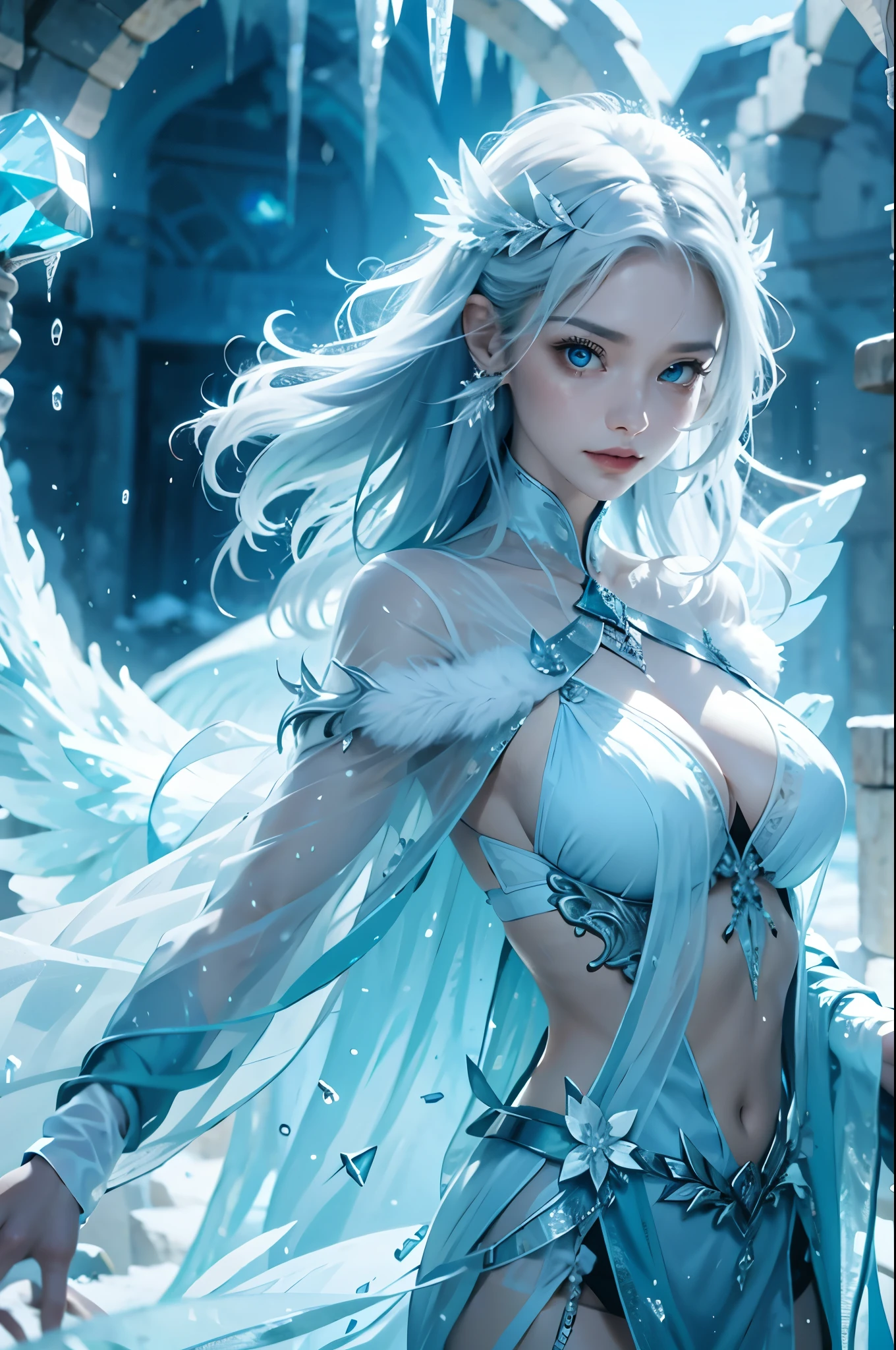all feet and breasts shod in armor of silver glass and ice, Girl, beautiful crop top (average bust: 1.8), narrow waist, slanderous legs, perfect proportions, perky nipples. The drawn fantasy enchanted land is frosty, with flying pieces of ice floating in the air and glowing energy crystals. this environment is a magical vortex of thousands of ambient light elements, {light reflections}, including an environment of ice and crystals glowing in the air. Girl's armor
it is made of silver glass, which absorbs the magical energy of the surroundings and releases it in the form of bright light. In this fantastic area there is a great spirit dragon surrounding this fantastic masterpiece with all its grandeur
illuminated accessories. In this fantastic land resides a large serpentine flying dragon with wings surrounding this fantastic masterpiece with all its wonderful accessories. The dragon snake beast lies on the ice facing the viewer. the image of this fantastic land is shrouded in a powerful blizzard in which particles of ice and snow reflect the light energy entering the interior of armor made of silver glass. high detail, glow, reflected light, conceptual art, glowing light, high detail, masterpiece, anatomically correct, textured skin, super details, best quality, 4K, 8k
