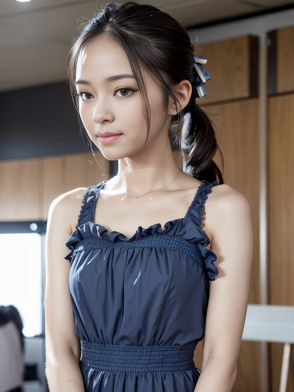 close up face,standing on stage,Blue colored long dress with lots of ruffles,One woman,masutepiece, The highest image quality, High quality, the background is clear,Beautiful woman, Japanese, Detailed, Detailed eyes, Detailed skin, Beautiful skin, 超hight resolution, (reality: 1.4),Very beautiful woman, Slightly younger face, Beautiful skin, slender, (Ultra photo realsisim), (hight resolution), (8K), (Very detailed) (beautifully detailed eyes), (super detailed), (Detailed face), view the viewer, Fine details, Detailed face, Staring straight ahead, Staring straight ahead, photos realistic, Bright lighting, Professional Lighting, Black hair,poneyTail,a baby face,fifteen years old,Hairstyle is ponytail,long ponytail hairstyle,slight smile,neat and tidy clothing,Beautiful Japanese KPOP idol photo, hair style is ponytail, my eyes are double and wide, baby face, smile and look straight ahead, slender, small breasts,Blue ribbon on head,