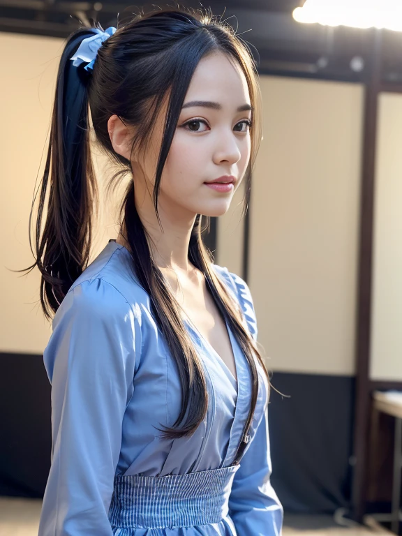 close up face,standing on stage,Blue colored long dress with lots of ruffles,One woman,masutepiece, The highest image quality, High quality, the background is clear,Beautiful woman, Japanese, Detailed, Detailed eyes, Detailed skin, Beautiful skin, 超hight resolution, (reality: 1.4),Very beautiful woman, Slightly younger face, Beautiful skin, slender, (Ultra photo realsisim), (hight resolution), (8K), (Very detailed) (beautifully detailed eyes), (super detailed), (Detailed face), view the viewer, Fine details, Detailed face, Staring straight ahead, Staring straight ahead, photos realistic, Bright lighting, Professional Lighting, Black hair,poneyTail,a baby face,fifteen years old,Hairstyle is ponytail,long ponytail hairstyle,slight smile,neat and tidy clothing,Beautiful Japanese KPOP idol photo, hair style is ponytail, my eyes are double and wide, baby face, smile and look straight ahead, slender, small breasts,Blue ribbon on head,