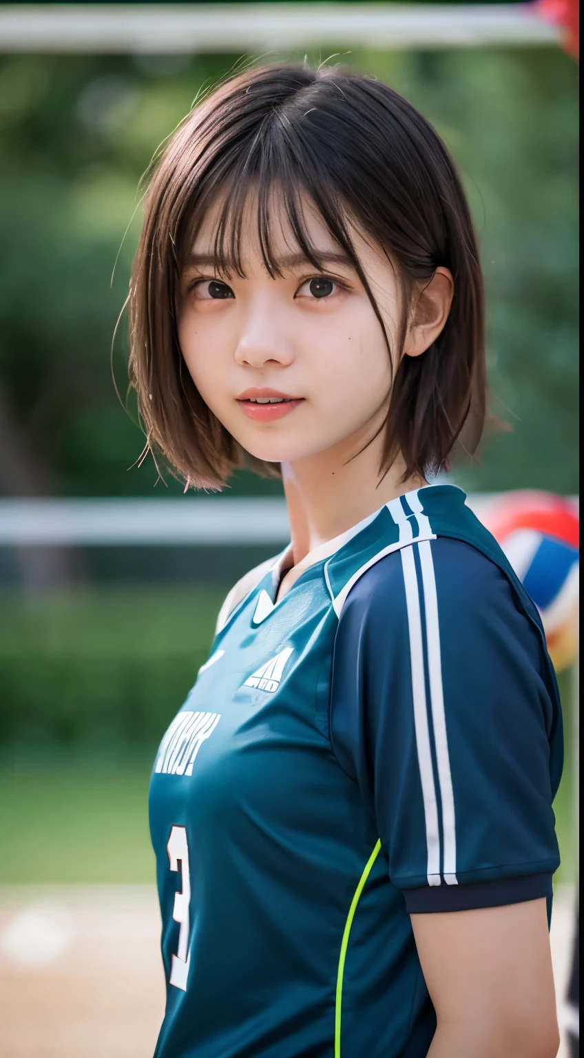 table top, highest quality, 8K, 15 year old student, , Raw photo, absurd, award-winning portraits, mouth, alone, night, neon, idol face, violaces, gardenia, delicate girl, Upper body, Digital single-lens reflex camera, looking at the viewer, Frank, Sophisticated, Zola々right, thin arms, professional lighting, film grain, chromatic aberration, (Eye and face details:1.0), (Bokeh:1.1) , volleyball uniform , short hair