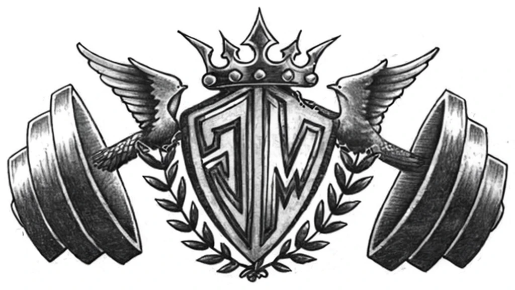 a black and white drawing of a crown and two dumb dumbs, emblem of wisdom, shoulder patch design, with trident and crown, emblem, royal insignia in background, by Elsie Few, coat of arms, family crest, by Edith Edmonds, illustrated logo, concept piece, shield emblem, symbol for the word ersatz, black metal logos, tattoo design, ultra high quality, very very high quality design.