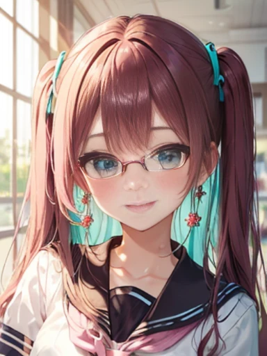 小さなgirl、Glasses、The arrival of spring、 (alone:1.5,)Super detailed,bright colors, very beautiful detailed anime face and eyes, look straight, ;d, shiny_skin,girl, ((long hair,Red and purple 、forehead is exposed.、long hair、shiny hair, delicate beautiful face, blush、(turquoise eyes), White skin, Valletta, earrings,、coral reef、combine、(((pink school uniform)))、twin tails、smile、smile、Face dyed red、upper body up、Face shot