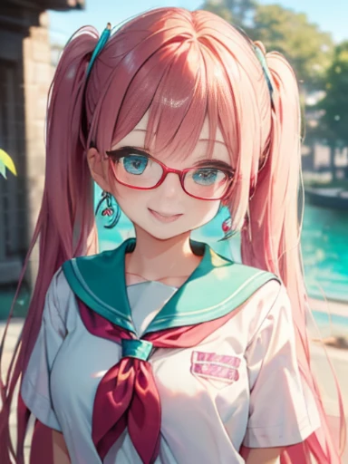 小さなgirl、Glasses、The arrival of spring、 (alone:1.5,)Super detailed,bright colors, very beautiful detailed anime face and eyes, look straight, ;d, shiny_skin,girl, ((long hair,Red and purple 、forehead is exposed.、long hair、shiny hair, delicate beautiful face, blush、(turquoise eyes), White skin, Valletta, earrings,、coral reef、combine、(((pink school uniform)))、twin tails、smile、smile、Face dyed red、upper body up、Face shot