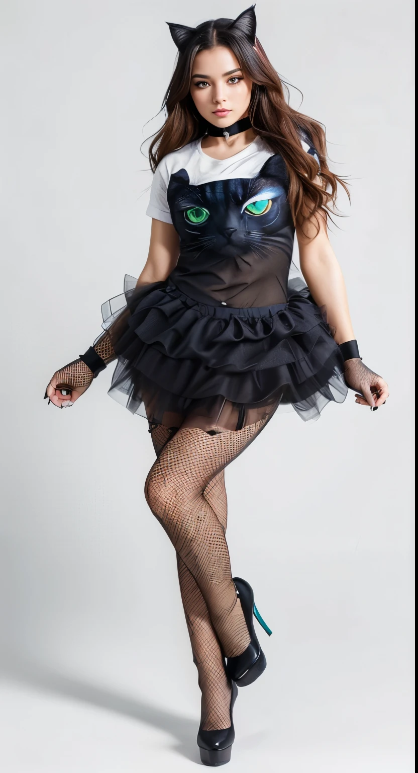 A extremely beautiful sexy woman dressed up like a cat girl, with a cat graphic image shirt, full body shot, black tutu, black high heals, ultra full wavy hair, holding a black whip, whip, professional photo shoot, model beauty, ultra details, ultra beautiful, ultra vivid, ultra enhancements, ultra resolution, dehaze, 34k resolution lookin like 64k, ultra photorealism, ultra hyperdetailed, night club party scene background at night, full body shot, freckles, Detailed face, photorealism, round eyes, perfect eyes eyes, Masterpiece