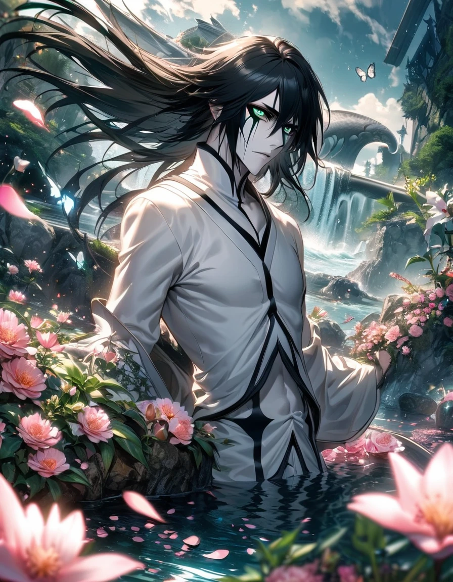 Ultra detailed, highres, absurdres, HDR, Ulquiorra cifer, black hair, green eyes, pale skin, arrancar white clothes, Bleach, handsome, 1 man only, water, pink petals, flowers, butterflies,