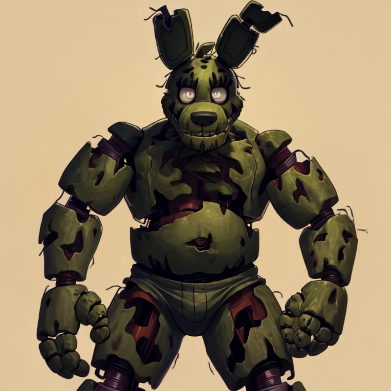 male, solo, springtrap, springtrap \(fnaf\), withered animatronic, robotic joints, green fur, eye scar, dilf, dad gut, silver eyes, cotton tail, broken ear, mature male, stubble, beard, body hair, pubes, masculine, handsome, evil grin, masterpiece, extreme detail, aged up, simple background, boxers \(clothing\), tank top shirt, sleeveless, extreme low-cut dropped side holes, low-cut chest, (from below, low angle view:1.1), looming, looking at viewer, pov
