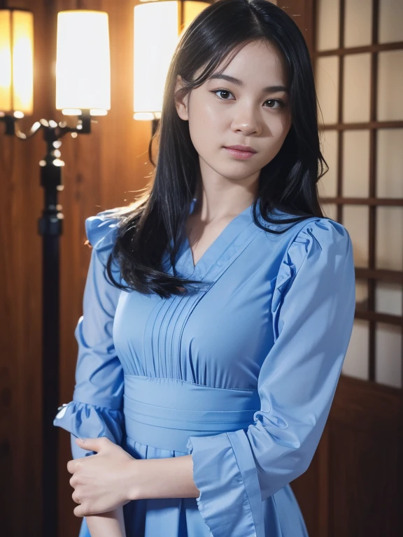close up face,standing on stage,Blue colored long dress with lots of ruffles,One woman,masutepiece, The highest image quality, High quality, the background is clear,Beautiful woman, Japanese, Detailed, Detailed eyes, Detailed skin, Beautiful skin, 超hight resolution, (reality: 1.4),Very beautiful woman, Slightly younger face, Beautiful skin, slender, (Ultra photo realsisim), (hight resolution), (8K), (Very detailed) (beautifully detailed eyes), (super detailed), (Detailed face), view the viewer, Fine details, Detailed face, Staring straight ahead, Staring straight ahead, photos realistic, Bright lighting, Professional Lighting, Black hair,poneyTail,a baby face,fifteen years old,Hairstyle is ponytail,long ponytail hairstyle,slight smile,neat and tidy clothing,Beautiful Japanese KPOP idol photo, hair style is ponytail, my eyes are double and wide, baby face, smile and look straight ahead, slender, small breasts,Blue ribbon on head,