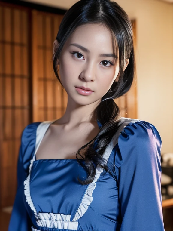 close up face,standing on stage,Blue colored long dress with lots of ruffles,One woman,masutepiece, The highest image quality, High quality, the background is clear,Beautiful woman, Japanese, Detailed, Detailed eyes, Detailed skin, Beautiful skin, 超hight resolution, (reality: 1.4),Very beautiful woman, Slightly younger face, Beautiful skin, slender, (Ultra photo realsisim), (hight resolution), (8K), (Very detailed) (beautifully detailed eyes), (super detailed), (Detailed face), view the viewer, Fine details, Detailed face, Staring straight ahead, Staring straight ahead, photos realistic, Bright lighting, Professional Lighting, Black hair,poneyTail,a baby face,fifteen years old,Hairstyle is ponytail,long ponytail hairstyle,slight smile,neat and tidy clothing,Beautiful Japanese KPOP idol photo, hair style is ponytail, my eyes are double and wide, baby face, smile and look straight ahead, slender, small breasts,Blue ribbon on head,