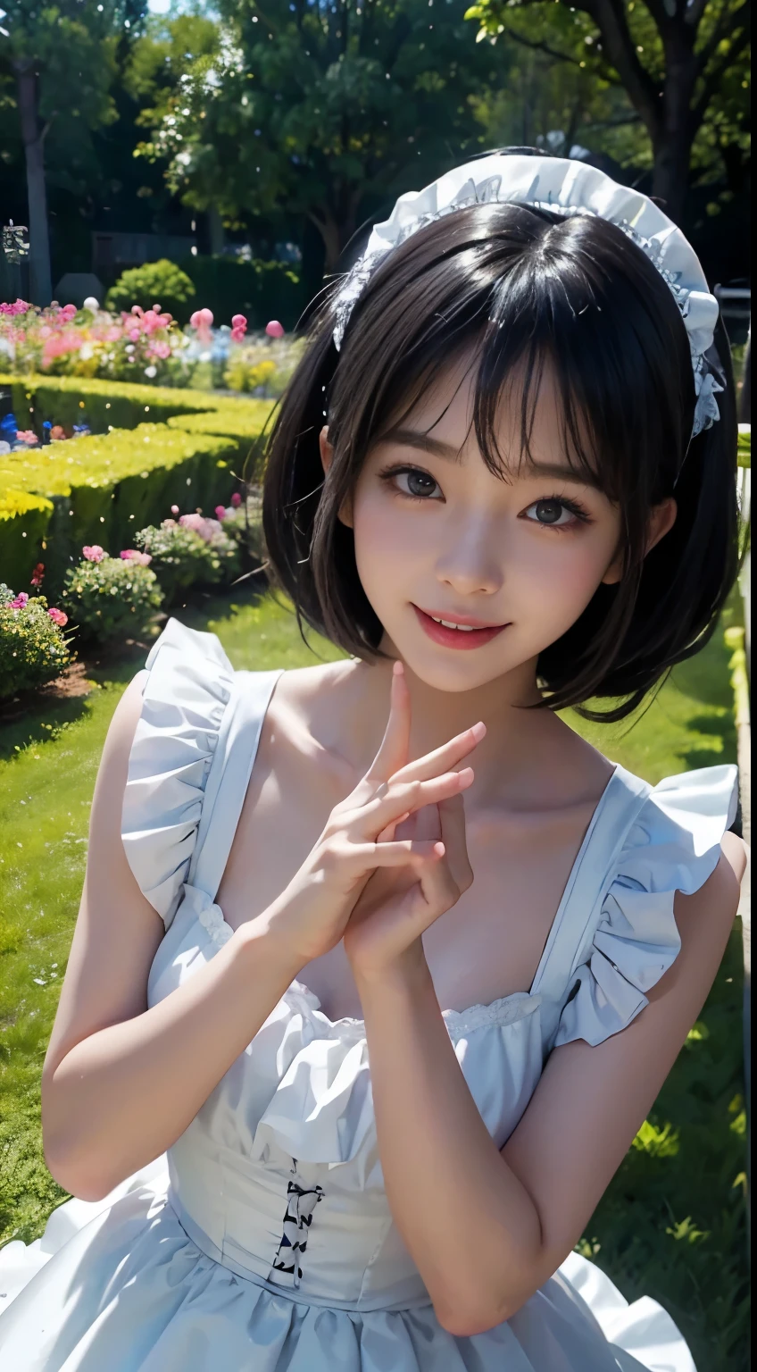 top-quality、​8K Masterpiece、Draw the face in detail、1 childish girl、 wearing maid costume、kawaii pose、professional lighting、Happy expression、Shiny black hair、perfect anatomy、garden