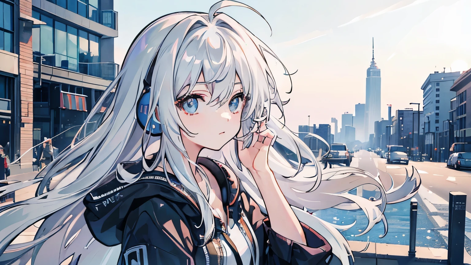 pretty girl, silver hair, long hair, messy hair, shiny hair, Listening to music, a sunny day, headphone, natural fingers