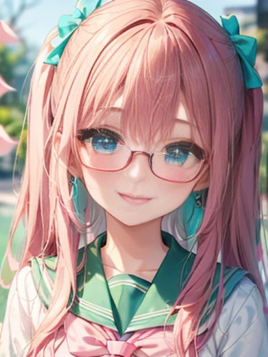 小さなgirl、Glasses、The arrival of spring、 (alone:1.5,)Super detailed,bright colors, very beautiful detailed anime face and eyes, look straight, ;d, shiny_skin,girl, ((gradation hair、long hair,Red and purple 、forehead is exposed.、long hair、shiny hair, delicate beautiful face, blush、(turquoise eyes), White skin, Valletta, earrings,、coral reef、combine、(((pink school uniform)))、twin tails、smile、smile、Face dyed red、upper body up、Face shot