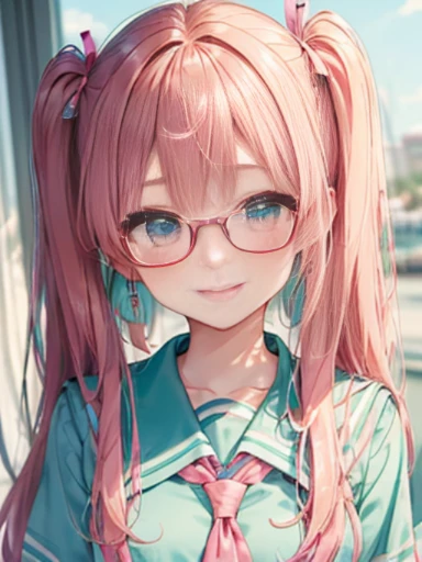 小さなgirl、Glasses、The arrival of spring、 (alone:1.5,)Super detailed,bright colors, very beautiful detailed anime face and eyes, look straight, ;d, shiny_skin,girl, ((gradation hair、long hair,Red and purple 、forehead is exposed.、long hair、shiny hair, delicate beautiful face, blush、(turquoise eyes), White skin, Valletta, earrings,、coral reef、combine、(((pink school uniform)))、twin tails、smile、smile、Face dyed red、upper body up、Face shot
