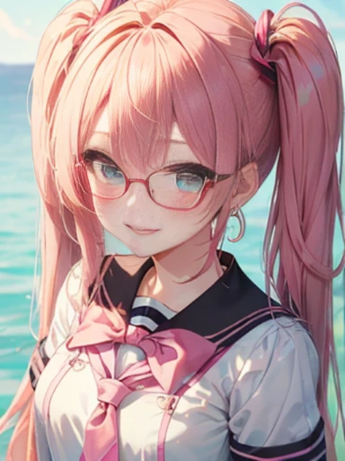 小さなgirl、Glasses、The arrival of spring、 (alone:1.5,)Super detailed,bright colors, very beautiful detailed anime face and eyes, look straight, ;d, shiny_skin,girl, ((gradation hair、long hair,Red and purple 、forehead is exposed.、long hair、shiny hair, delicate beautiful face, blush、(turquoise eyes), White skin, Valletta, earrings,、coral reef、combine、(((pink school uniform)))、twin tails、smile、smile、Face dyed red、upper body up、Face shot