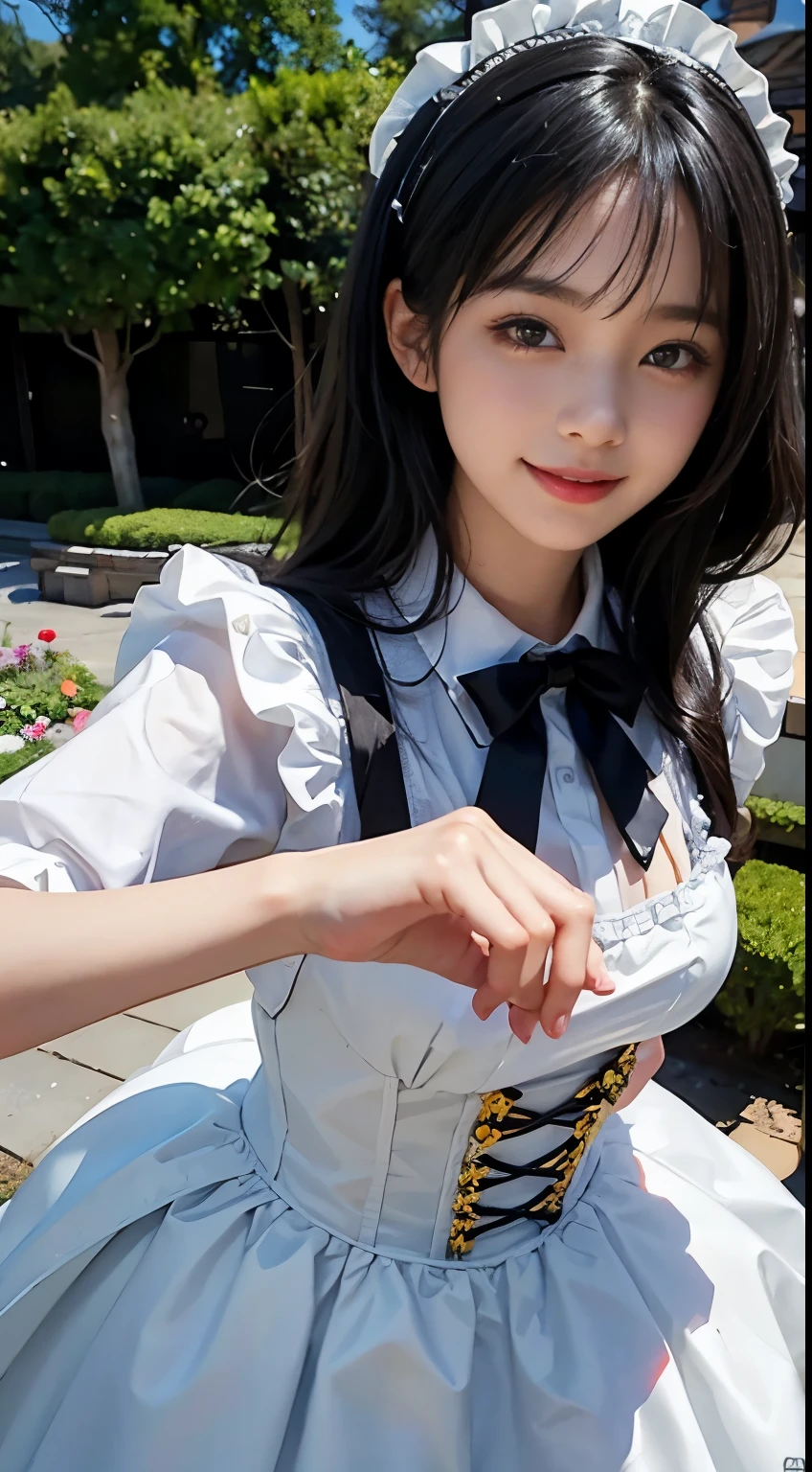 top-quality、8K Masterpiece、Draw the face in detail、1 girl、 wearing maid costume、kawaii pose、professional lighting、Happy expression、Shiny black hair、perfect anatomy、garden