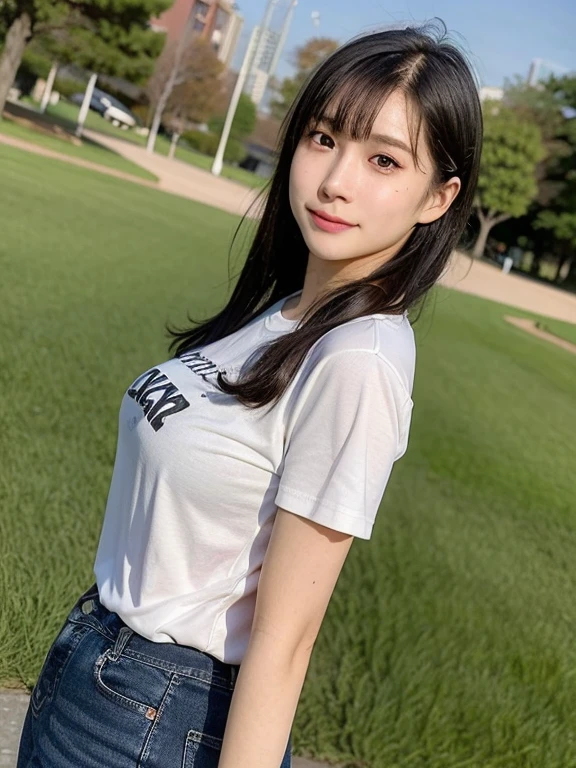 (kawaii 24 year-old Japanese girl, Nogizaka idol, Korean idol), healthy female athlete body, (glossy black hair, very short hair, messy hair edge, symmetric short hair:1.3), (bangs), (rounded face, brown eyes, single eyelid, no makeup, soft smiling:1.2), (wearing over-sized t-shirt, skinny jeans:1.3), flat chest, extra small breasts, (looking at viewer:1.2), BREAK, (turf in the park background:1.3), (dynamic angle:1.3), BREAK, (masterpiece, best quality, photo realistic, official art:1.4), (UHD, 8K quality wallpaper, high resolution, raw photo, golden ratio:1.2), (shiny skin), professional lighting, physically based rendering, award winning, (perfect anatomy, highly detailed skin, extremely detailed face and eyes), Carl Zeiss 85 mm F/1.4, depth of field, 1girl, solo,