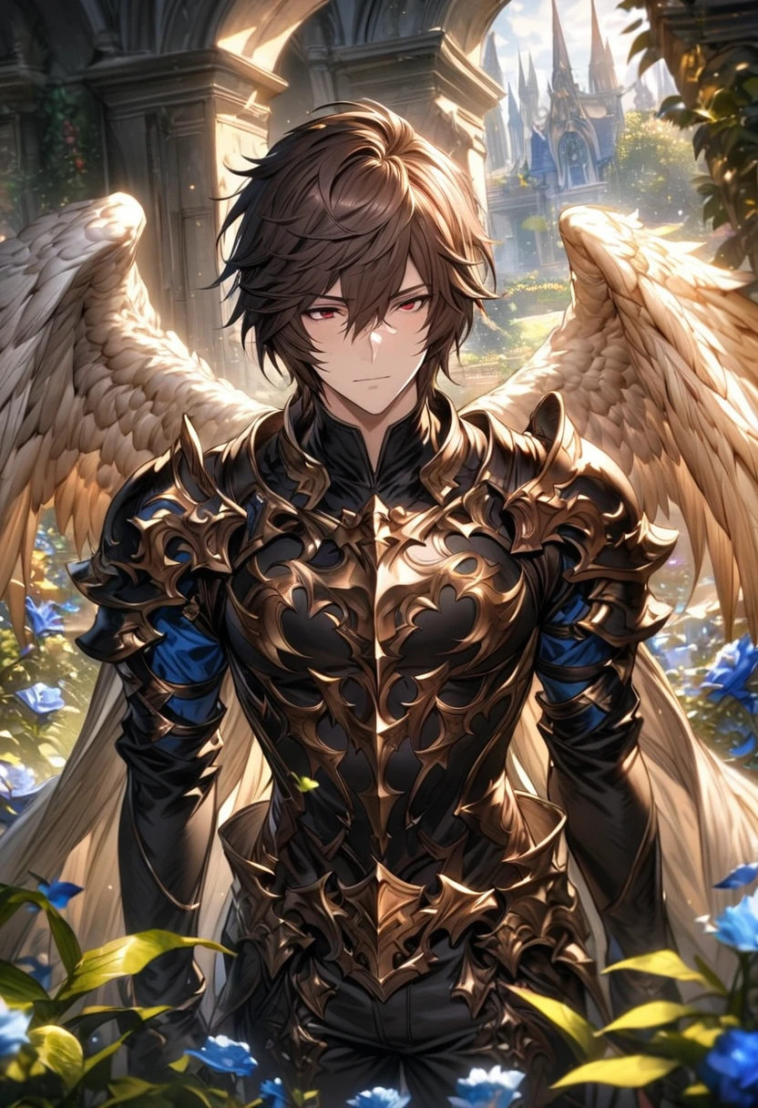 absurdres, highres, ultra detailed, HDR), masterpiece, Sandalphon, dark brown short hair, hair between the eyes, vibrant red eyes, 1man, handsome, granblue fantasy, garden, blue flowers, blue petals, black clothes, angel wings