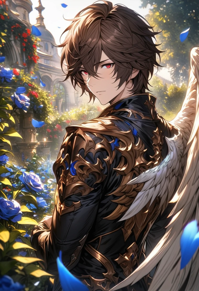 absurdres, highres, ultra detailed, HDR), masterpiece, Sandalphon, dark brown short hair, hair between the eyes, vibrant red eyes, 1man, handsome, granblue fantasy, garden, blue flowers, blue petals, black clothes, angel wings