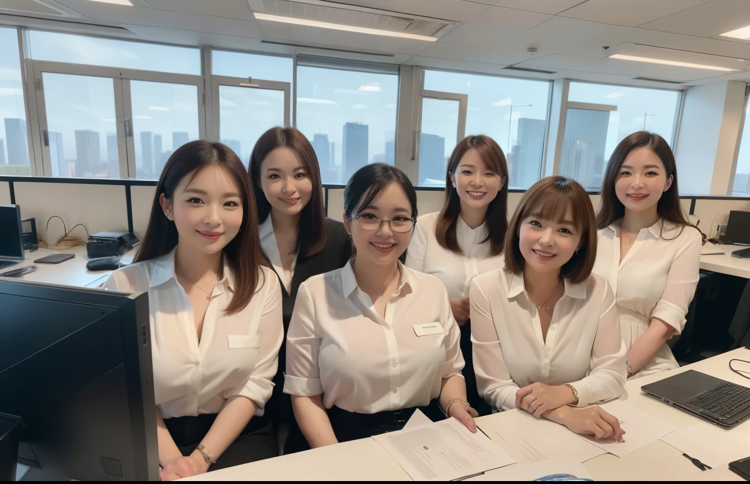 ((highest quality, 8K, Representative works in detail, ultra high resolution)), (Group photo),(looking at the viewer), (full shot:), 5 attractive business mature women, 5 people, a little chubby:0.15, fascinating look, (sitting at the office desk)), smile, CEO's Office,