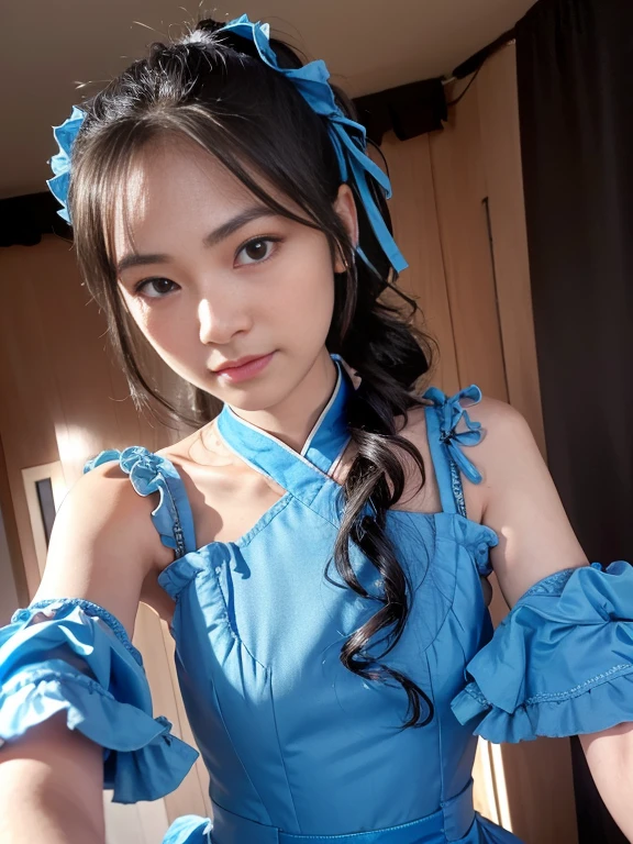 close up face,standing on stage,Blue colored long dress with lots of ruffles,One woman,masutepiece, The highest image quality, High quality, the background is clear,Beautiful woman, Japanese, Detailed, Detailed eyes, Detailed skin, Beautiful skin, 超hight resolution, (reality: 1.4),Very beautiful woman, Slightly younger face, Beautiful skin, slender, (Ultra photo realsisim), (hight resolution), (8K), (Very detailed) (beautifully detailed eyes), (super detailed), (Detailed face), view the viewer, Fine details, Detailed face, Staring straight ahead, Staring straight ahead, photos realistic, Bright lighting, Professional Lighting, Black hair,poneyTail,a baby face,fifteen years old,Hairstyle is ponytail,long ponytail hairstyle,slight smile,neat and tidy clothing,Beautiful Japanese KPOP idol photo, hair style is ponytail, my eyes are double and wide, baby face, smile and look straight ahead, slender, small breasts,Blue ribbon on head,