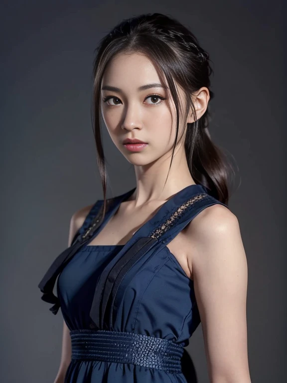 close up face,standing on stage,Blue colored long dress with lots of ruffles,One woman,masutepiece, The highest image quality, High quality, the background is clear,Beautiful woman, Japanese, Detailed, Detailed eyes, Detailed skin, Beautiful skin, 超hight resolution, (reality: 1.4),Very beautiful woman, Slightly younger face, Beautiful skin, slender, (Ultra photo realsisim), (hight resolution), (8K), (Very detailed) (beautifully detailed eyes), (super detailed), (Detailed face), view the viewer, Fine details, Detailed face, Staring straight ahead, Staring straight ahead, photos realistic, Bright lighting, Professional Lighting, Black hair,poneyTail,a baby face,fifteen years old,Hairstyle is ponytail,long ponytail hairstyle,slight smile,neat and tidy clothing,Beautiful Japanese KPOP idol photo, hair style is ponytail, my eyes are double and wide, baby face, smile and look straight ahead, slender, small breasts,Blue ribbon on head,