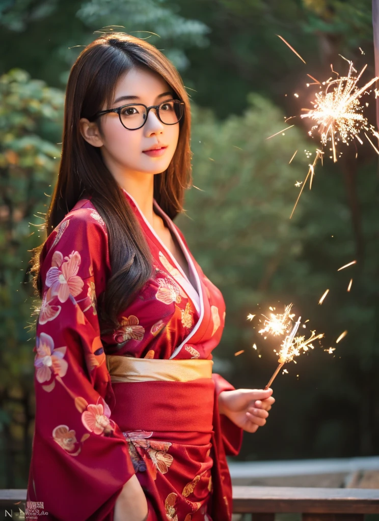 (best quality, 4K, masterpiece :1.3), detailed, beautiful, insanely detailed, absurdres, perfect ???????, Thai beautiful girl, 22 years olds, (slender), (big breasts:1.0), Super detailed face, Detailed lips, wear glasses, long light brown hair, wear red flower yukata, playing with sparklers, in the night of Japanese festival. Background is a Japanese festival in asakusa temple, full body shot, random pose.