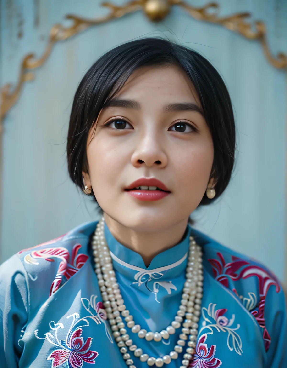 Highly realistic photo, ((masterpiece), (best quality), (raw photo), (photorealistic:1.4), Portrait of Vietnamese woman, (40 years old), ((black short hair)), ((wearing aodai)), pearl necklace, ((light blue background)) , photo taken by Sony A7IV