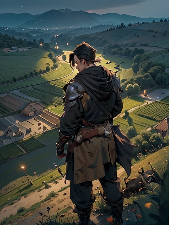 Cartoon style pictures ,(Europe),(Shooting from above),man,midnight,Overall black tone, 粗犷的farmer粗布, Medieval dilapidated countryside village,farmland,river,torch,horse,livestock,farmer,companion,Soldier,laboeld,farming,(Hood covers the head,In the shadows,Faceless,健壮的man, strong, shabby),dynamic poses, ((Turn your back to the camera,look into the distance,not looking at camera)),