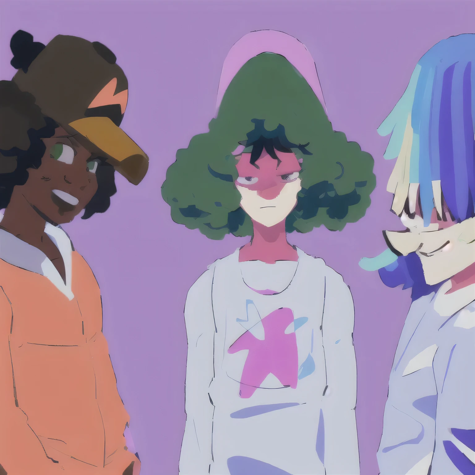 a drawing of three people standing next to each other, steven universe style, several character designs, animatic, heavy gesture style closeup, character art closeup, stylized linework, line art!!, full body details, thick outlines, character designs, sketchy artstyle, gorillaz style, thick lineart, cell shaded adult animation, gorillaz phase 1, space dandy style