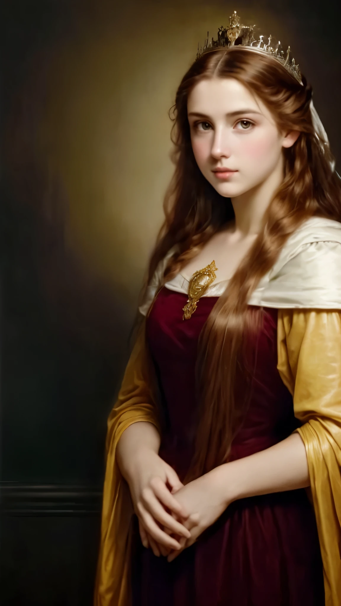 pintura de uma mulher com um vestido vermelho e um capacete dourado, realistic Retrato renascentista, pintura digital renascentista, obra de arte! retrato de arwen, linda pintura de personagem, Retrato renascentista, pintura de retrato de uma princesa, fantasy genre portrait, retrato de princesa, retrato de princesa, retrato medieval, em estilo renascentista, retrato de uma princesa, inspirado em Alexandre Cabanel, ([long hair hair]:1.8),(realistic:1.3), (best quality real texture skin)