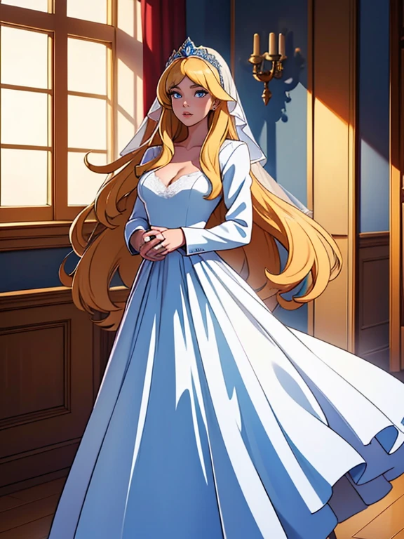 An incredibly beautiful femme fatale bride with long golden hair, long bangs, blue eyes, in an elegant wedding dress, she is being held in her arms by a tall, handsome, athletic, statuesque, courageous, attractive young man, he has tanned skin, long white hair, blue eyes, he is dressed in a light wedding suit, They are in love, they are happy. Masterpiece, perfect drawing, realistic drawing, full-length drawing, 8k. full-length image, realistic image, detailed image. an extremely detailed illustration, a real masterpiece, of the highest quality, with careful drawing. shading with shadows.