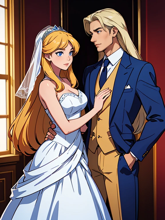 An incredibly beautiful femme fatale bride with long golden hair, long bangs, blue eyes, in an elegant wedding dress, she is being held in her arms by a tall, handsome, athletic, statuesque, courageous, attractive young man, he has tanned skin, long white hair, blue eyes, he is dressed in a light wedding suit, They are in love, they are happy. Masterpiece, perfect drawing, realistic drawing, full-length drawing, 8k. full-length image, realistic image, detailed image. an extremely detailed illustration, a real masterpiece, of the highest quality, with careful drawing. shading with shadows.