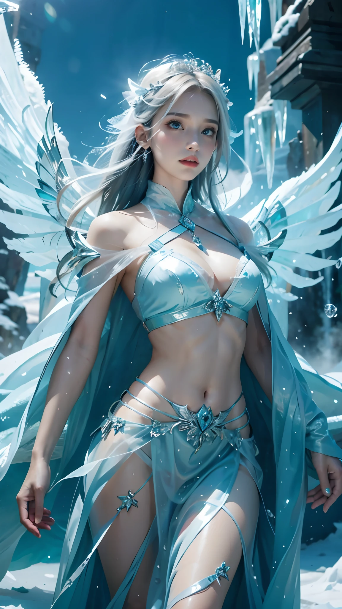 Frost Goddess,Frozen fluid,Ice World,ice,1girl,Ice Wings,Ice Feather,Translucent clothing,angel,angel wings,blue eyes,blue wings,large wings,Four wings,Dynamic pose,Ice leaves,Metal triangular waistband,White hair,Floating ice crystals,Front,upper body,above knees,spread wings,breasts,Translucent ribbon,bubble,cleavage,halo,long hair,medium breasts,navel,solo,water,wings,