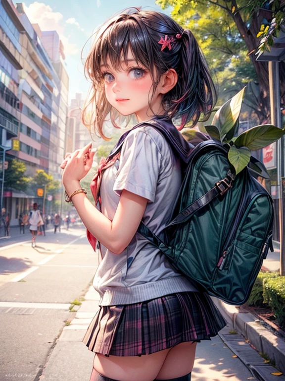 full body, masterpiece:1.2, highest quality:1.2, 8k, CG, photorealistic:1.37, delicate detailed:1.8 (eyes, pupils, lips, face, hair, hand, skin), soft touch illustration, medium bob, little cute girl, A girl wearing a sailor tops and a plaid mini skirt and thighhigh. The girl has beautiful detailed eyes and lips, and a long eyelashes. The scene is set in a garden, with vibrant colors and sharp focus. The artwork is of the highest quality, with ultra-detailed elements and a realistic style. The lighting is soft and natural, enhancing the overall atmosphere, walking to school, colorful backpack, cheerful expressions, morning sunshine, busy city streets, , morning rush, friends chatting, bustling crowd, tall buildings, crossing the road, street vendors, honking cars, bike lanes, green trees, book in hand, happy memories, laughter, fresh air, school gate, anticipation, learning journey, busy classrooms, knowledge, growth