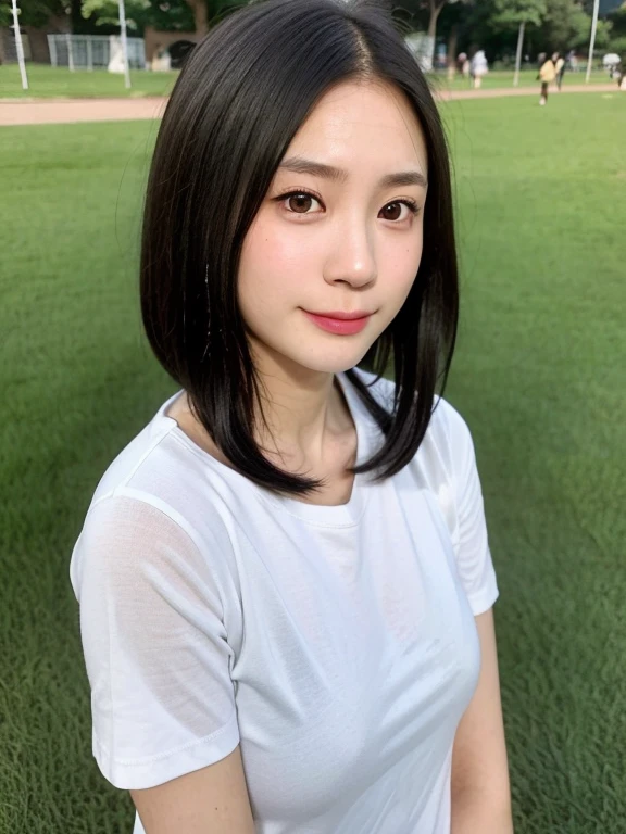 (kawaii 24 year-old Japanese girl, Nogizaka idol, Korean idol), healthy female athlete body, (glossy black hair, very short hair, messy hair edge, symmetric short hair:1.3), (bangs), (rounded face, brown eyes, single eyelid, no makeup, soft smiling:1.2), (wearing over-sized t-shirt, skinny jeans:1.3), flat chest, extra small breasts, (looking at viewer:1.2), BREAK, (turf in the park background:1.3), (dynamic angle:1.3), BREAK, (masterpiece, best quality, photo realistic, official art:1.4), (UHD, 8K quality wallpaper, high resolution, raw photo, golden ratio:1.2), (shiny skin), professional lighting, physically based rendering, award winning, (perfect anatomy, highly detailed skin, extremely detailed face and eyes), Carl Zeiss 85 mm F/1.4, depth of field, 1girl, solo,