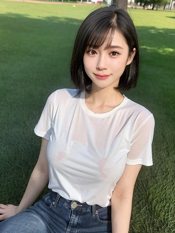 (kawaii 24 year-old Japanese girl, Nogizaka idol, Korean idol), healthy female athlete body, (glossy black hair, very short hair, messy hair edge, symmetric short hair:1.3), (bangs), (rounded face, brown eyes, single eyelid, no makeup, soft smiling:1.2), (wearing over-sized t-shirt, skinny jeans:1.3), flat chest, extra small breasts, (looking at viewer:1.2), BREAK, (turf in the park background:1.3), (dynamic angle:1.3), BREAK, (masterpiece, best quality, photo realistic, official art:1.4), (UHD, 8K quality wallpaper, high resolution, raw photo, golden ratio:1.2), (shiny skin), professional lighting, physically based rendering, award winning, (perfect anatomy, highly detailed skin, extremely detailed face and eyes), Carl Zeiss 85 mm F/1.4, depth of field, 1girl, solo,